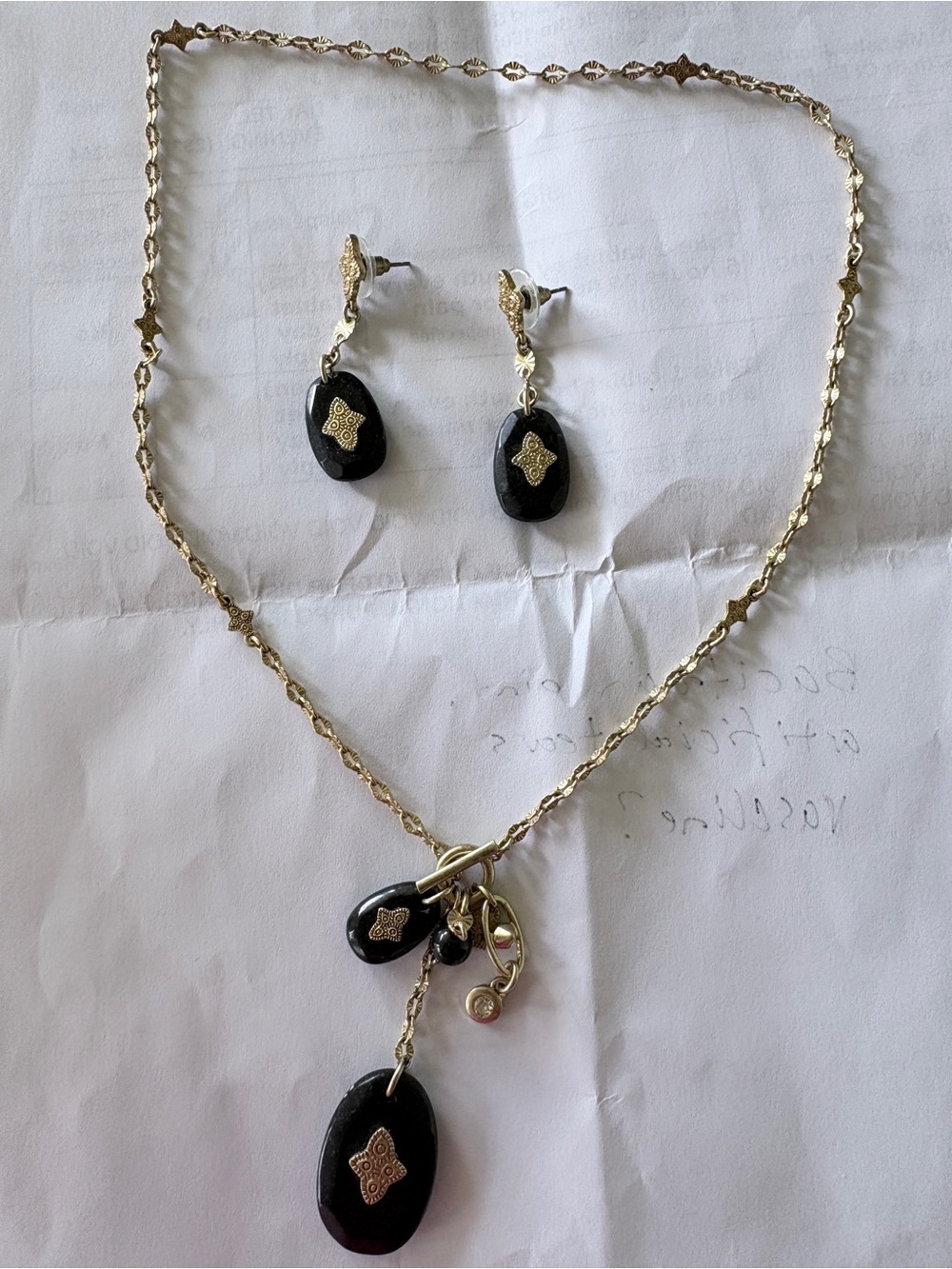 CAbi Gold and Black Pendant Necklace with Matching Earrings